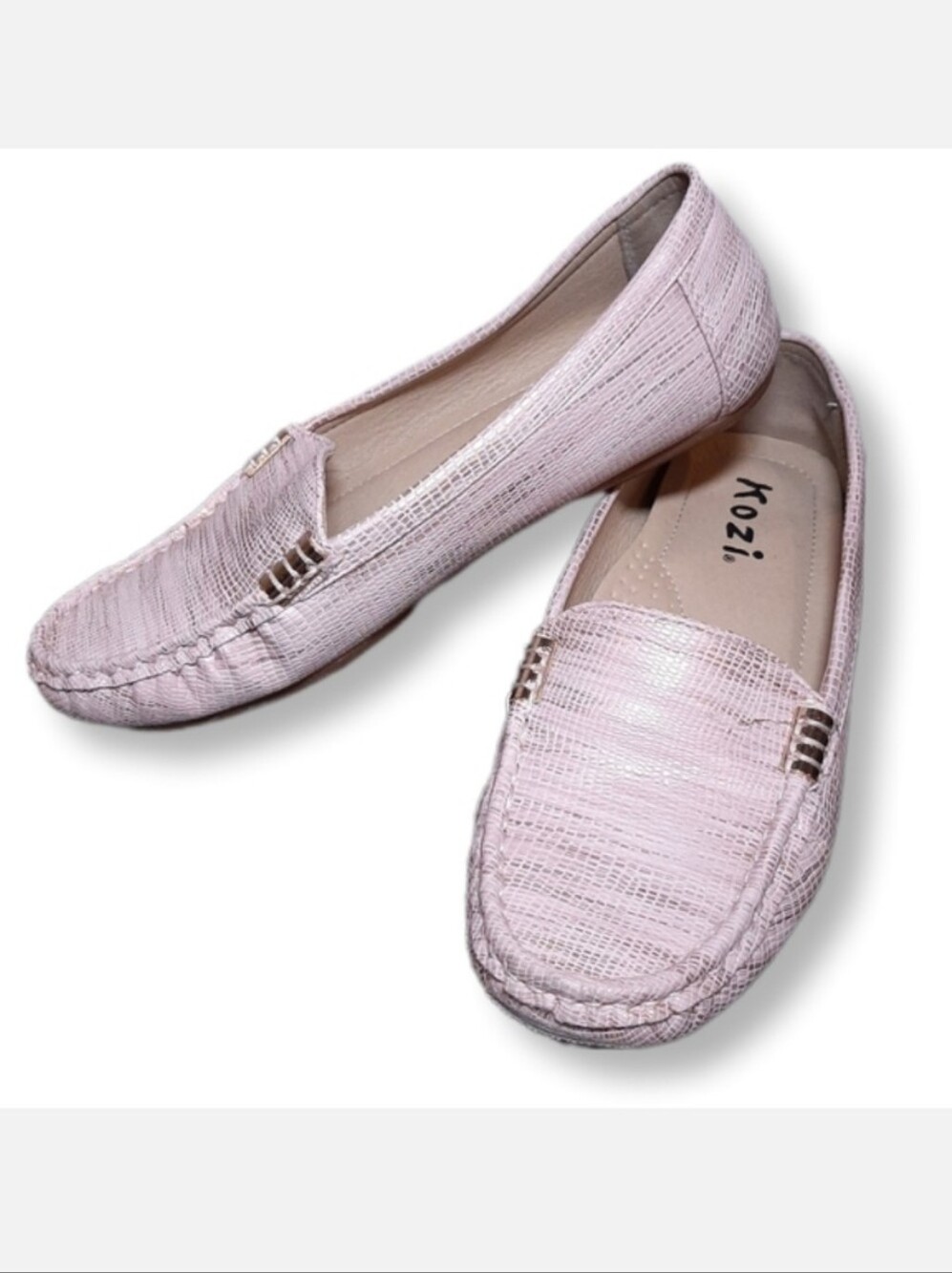 Kozi Metallic Loafer Shoes Pink Vegan Faux Leather Gold Slip On Flats